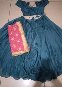 Teal Blue Lehenga Choli with Pink Dupatta