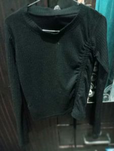 Black Ribbed Ruched Top