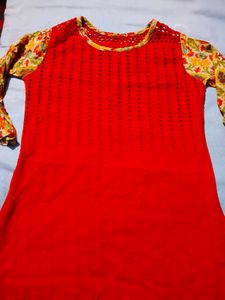 Vibrant Red Kurta with Floral Sleeves