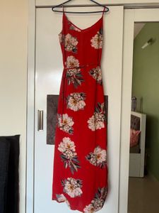 Red Floral Maxi Dress with Slit