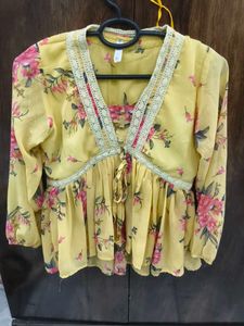 Yellow Floral V-Neck Kurta
