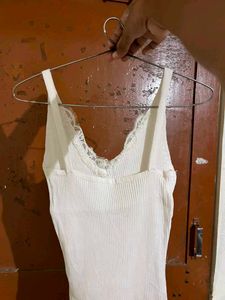 White Ribbed Lace Trim Mini Dress