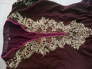 Embroidery Coffee BrownGown With Dupatta