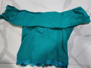Teal Off-Shoulder Lace Trim Top