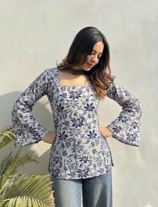 Navy Blue bell sleeves short pointed kurti