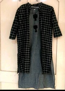 Chic Checkered Shrug with Gray Dress