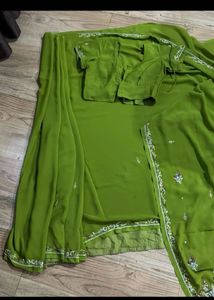 Elegant Olive Green Embroidered Saree