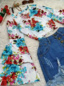Floral Bell Sleeve Crop Top
