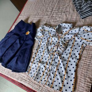 Cute Polka Dot Blouse and Navy Skirt Set