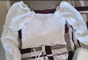 White Puff Sleeve Lace-Up Top