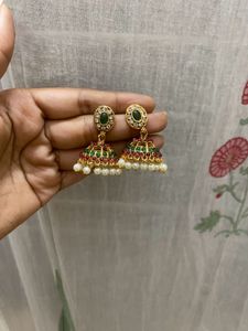 Gold Tone Jhumka Earrings with Pearls