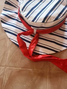 Striped Wide Brim Hat with Red Ribbon