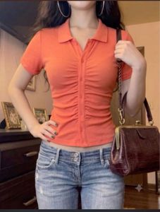 Coral Ruched Button-Up Crop Top
