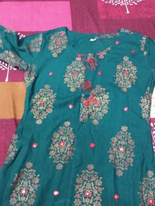 Elegant Teal Kurti with Gold &amp; Red Floral Print