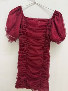 Maroon Polka Dot Mesh Ruched Dress
