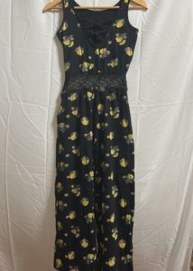 Black Lemon Print Lace-Waist Jumpsuit