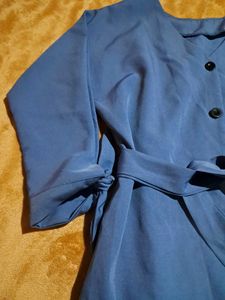 Blue Button-Down Midi Dress with Belt
