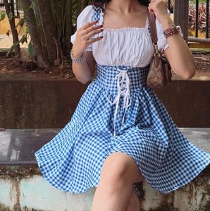 Blue Gingham dress with white puff sleeves