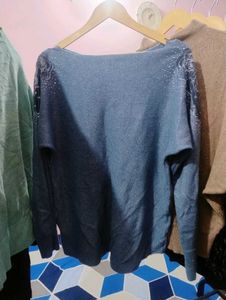 Sparkly Blue Pullover Sweater with Rose Detail