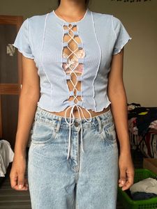Cute Blue Lace-Up Crop Top