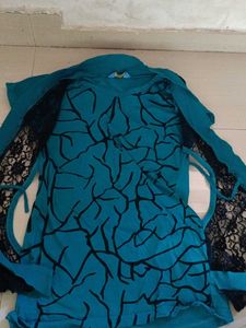 Teal &amp; Black Lace Trim Kurta