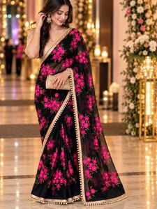 Black Net saree with Pink Floral Embroidery