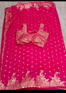 Vibrant Pink Saree with Golden Border