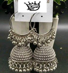 Oxidized Silver Hoop Jhumkis For Girls..