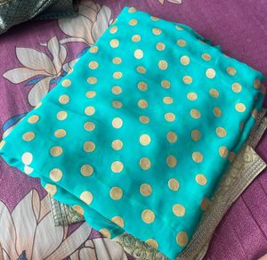 Beautiful Peacock Green with Gold Polka Dot Saree
