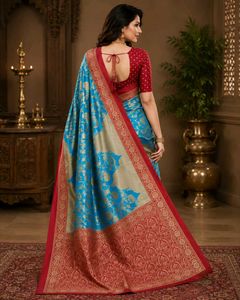 Elegant Turquoise Blue Floral Woven Saree with Mag