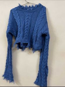 Fancy sleeves korean Blue Cable Knit Sweater