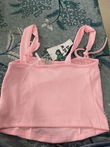 Pink Ribbed Corset Top with Tie Straps