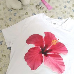 White T-Shirt with Pink Hibiscus Print