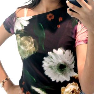 Black Floral Print One Shoulder Top