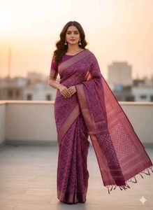 Magenta Chevron Print Cotton Linen Saree