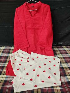 Red Kurta Set with Heart Print Pants