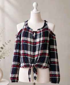 🎀200rs SALE🎀Cold Shoulder Plaid Tie-Front top