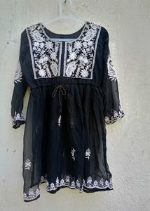 Black Georgette Embroidered Short Kurti (Size S)