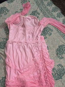 Chic Ruched Pink Midi Dress