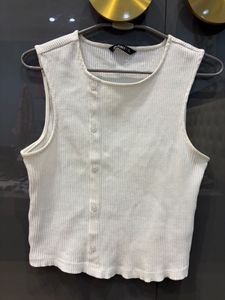 White Ribbed Button-Up Sleeveless Top