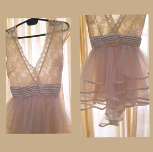Ivory Lace bodice short dress with trail hem