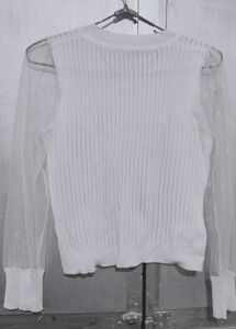 White Mesh Sleeve Knit Top