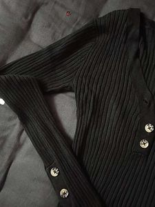 Black Ribbed Button-Up Top