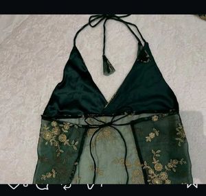 Green &amp; Gold Embroidered Halter Top