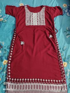 Red Embroidered Nayra Cut Kurti