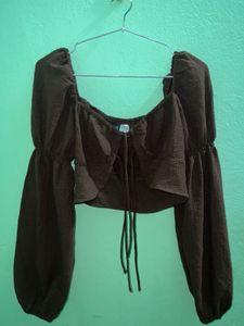 Chic Brown Lace-Up Puff Sleeve Top