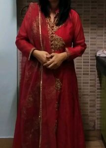Red Embroidered  Gown With churidars lower Dopatta