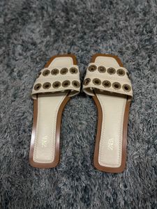 Zara Cream Eyelet Gold Tone Flat