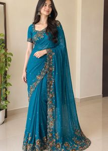 cut work and  Embroidered sequence Saree