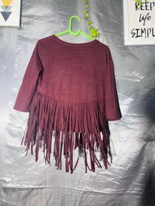 Bershka Maroon Fringed Top